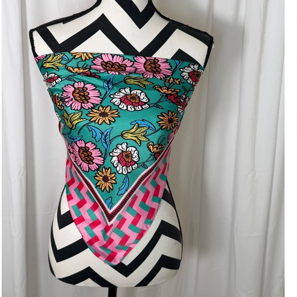 Zara Floral Geometric Square Scarf Pink Teal Green Silk Feel Neckerchief 26x28.5